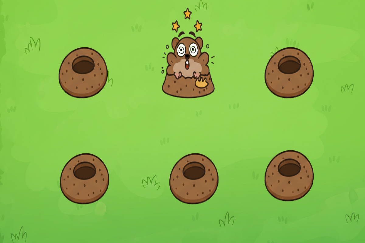 mole holes on a green back ground with a mole popping up in the middle one with stars over his head